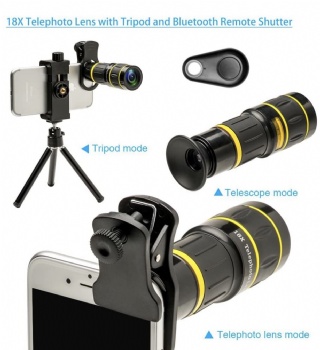 Godefa Cell Phone Camera Lens with Tripod+ Shutter Remote,6 in 1 18x Telephoto Zoom Lens/Wide 
