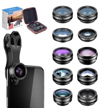 Apexel 10 in 1 Phone Camera Lens Kit Wide Angle/Macro/Fisheye/Telephoto/CPL/Flow/Radial/Star Filter/Kaleidoscope Lens for iPhone and Most Phone