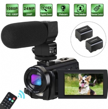 Camcorder Video Camera Digital YouTube Vlogging Camera HD 1080P 30FPS 24MP 16X Digital Zoom 3 Inch LCD Flip Screen Video Recorder with Microphone and Remote Control, 2 Batteries