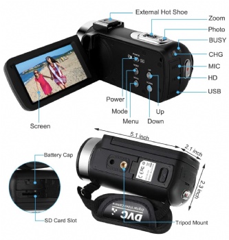 RICH AV-01 Video Camera Camcorder, UPSTONE Digital Vlog Camera for YouTube Full HD 1080P Camcorder 30FPS 24.0MP 16X Digital Zoom with 2 Batteries and Remote Control