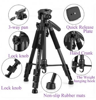 Mactrem PT55 Travel Camera Tripod Lightweight Aluminum for DSLR SLR Canon Nikon Sony Olympus DV with Carry Bag -11 lbs(5kg) Load (Black)