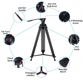 Tripod, COMAN KX3636 74 inch Video Tripod System, Professional Heavy Duty Aluminum Tripod with 360 Degree Fluid Head and Mid-Level Spreader 13.2LB Load for DSLR, Camcorder, Cameras and More