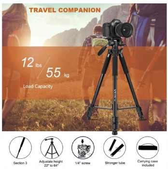 64-Inch Tripod, Camera Aluminum Tripod & Cell Phone Selfie Sticks with Phone Tripod Mount and Remote Shutter, Ideal for YouTube Videos and Instagram Facebook Live - Black