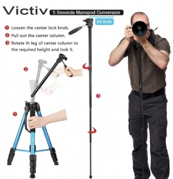 ictiv 72-inch Camera Tripod Aluminum T72 Max Height 182cm- Lightweight Tripod & Monopod Compact for Travel with 3-way Swivel Head and 2 Quick Release Plates for Canon Nikon DSLR Video Shooting - Blue