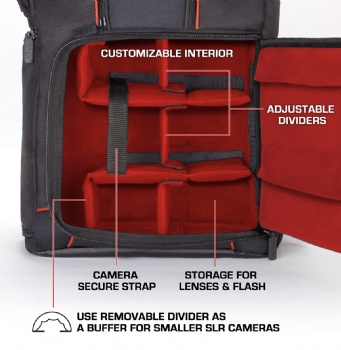 USA GEAR DSLR Camera Backpack Case (Red) - 15.6 inch Laptop Compartment, Padded Custom Dividers, Tripod Holder, Rain Cover, Long-Lasting Durability and Storage Pockets - Compatible with Many DSLRs